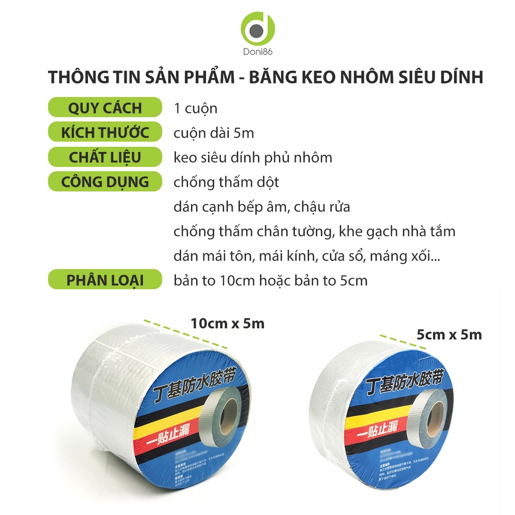 Băng keo chống dột , dán chống thấm chân tường, khe gạch nhà tắm, mái tôn... siêu dính, cuộn 5m_Doni86_DOPK199