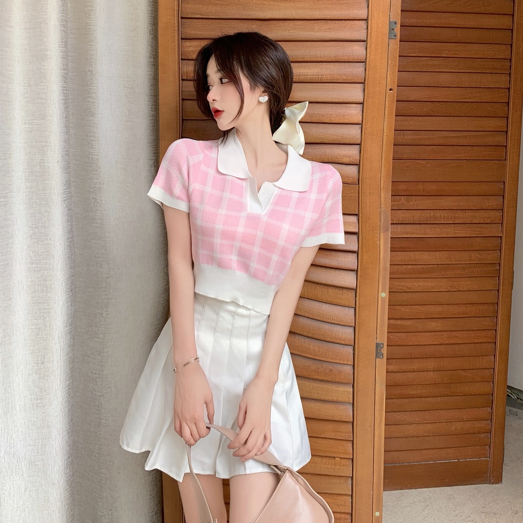 【Hana and Alice】Áo Thun POLO Dệt Kim Ngắn Tay Lưng Cao Gợi Cảm