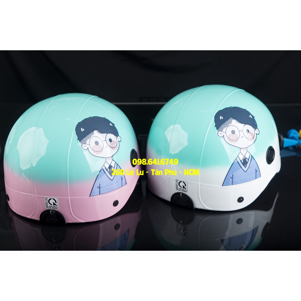 MŨ NÓN BẢO HIỂM NGƯỜI LỚN Cặp đôi Chibi Trai - Hồng Xanh