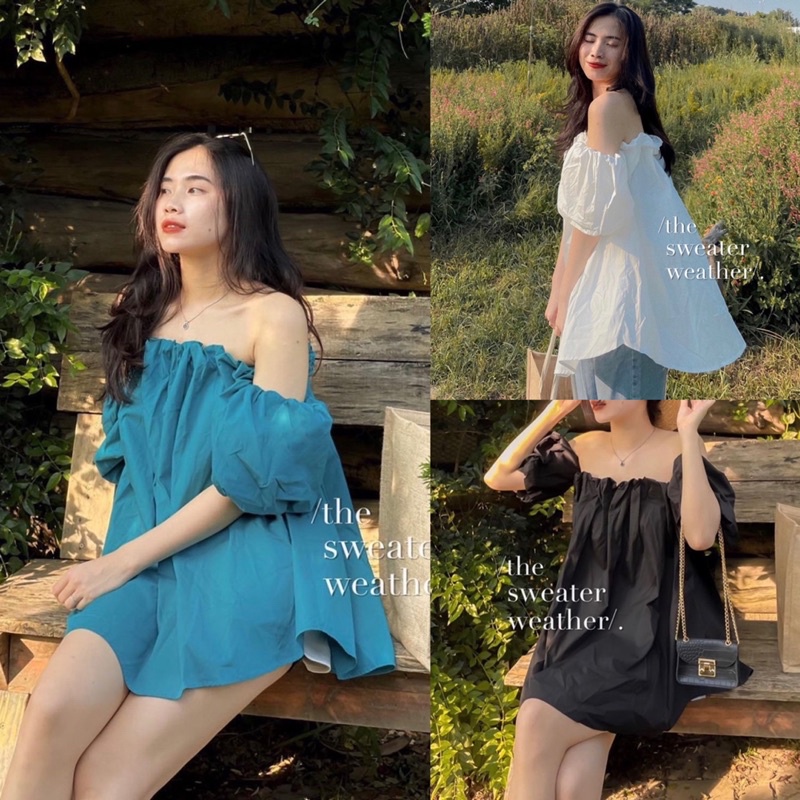 ÁO VÁY TRỄ VAI DÁNG BABYDOLL SIÊU TIỂU THƯ (xanh/trắng/đen/cốm)