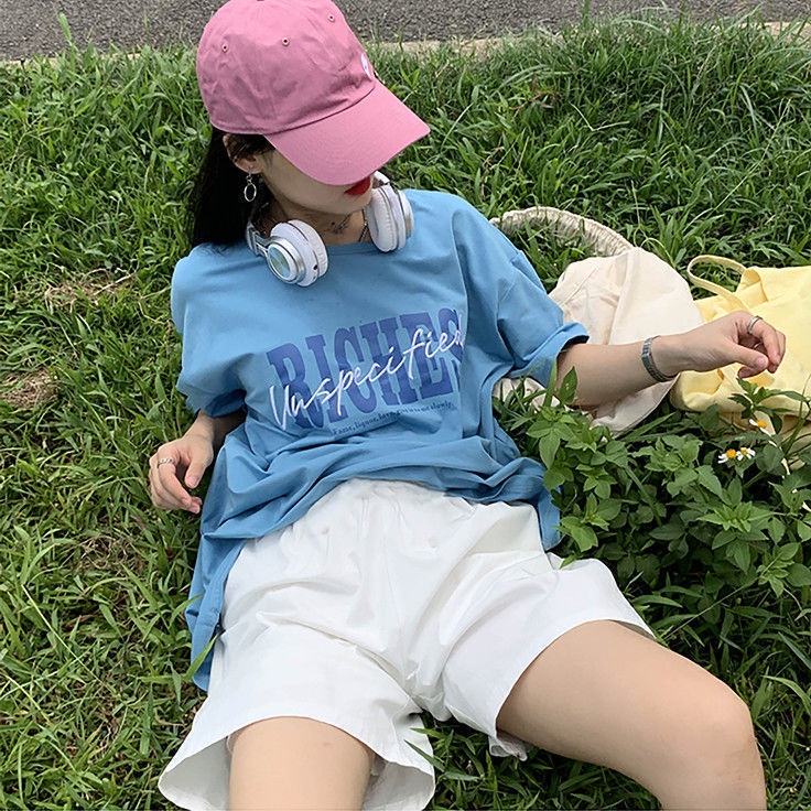 Set Áo Thun Ngắn Tay In Chữ + Quần Short Ống Rộng Thời Trang Hàn Quốc Cho Nữ