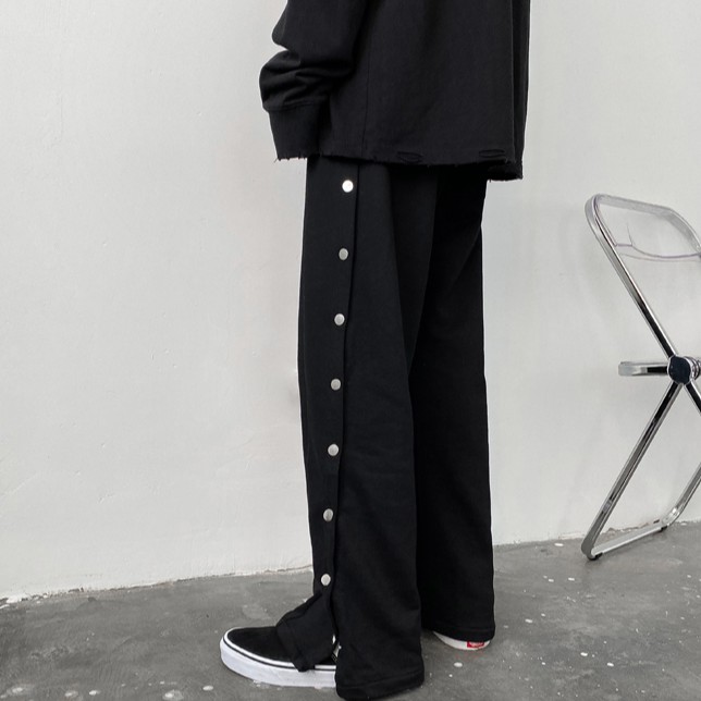 Quần unisex ống rộng dập cúc hai bên 2 màu đen - xám