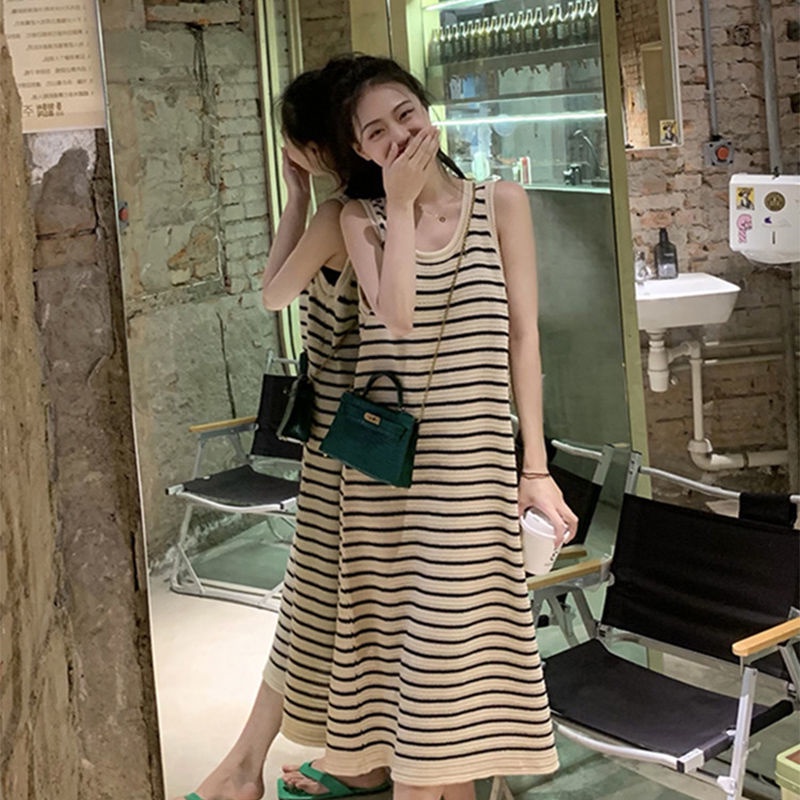 Váy Dệt Kim Sọc Cổ Điển 185445 Đầm Chữ a Không Tay Phong Cách Hàn Quốc Cổ Điển