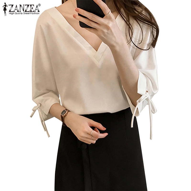 Áo ZANZEA tay 3/4 cổ chữ V màu trơn phong cách Hàn Quốc thời trang dành cho nữ