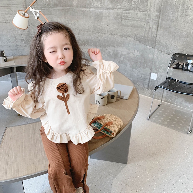 Set Đồ Mùa Thu 2 Món Gồm Áo Thun Hoa Tay Dài Thoáng Khí + Quần Ống Loe Xẻ Tà Cho Bé Gái