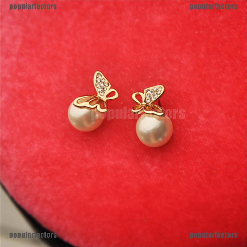 Khuyên tai ngọc trai giả màu vàng hình bướm đính đá pha lê giả thời trang cho nữ
