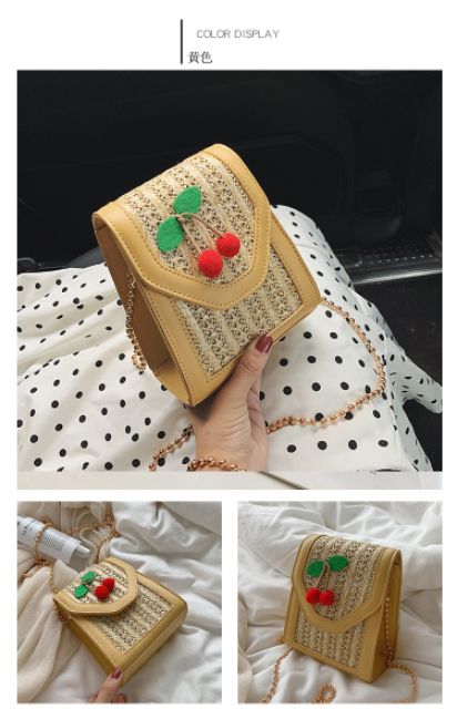 Túi cói đeo chéo họa tiết cherry