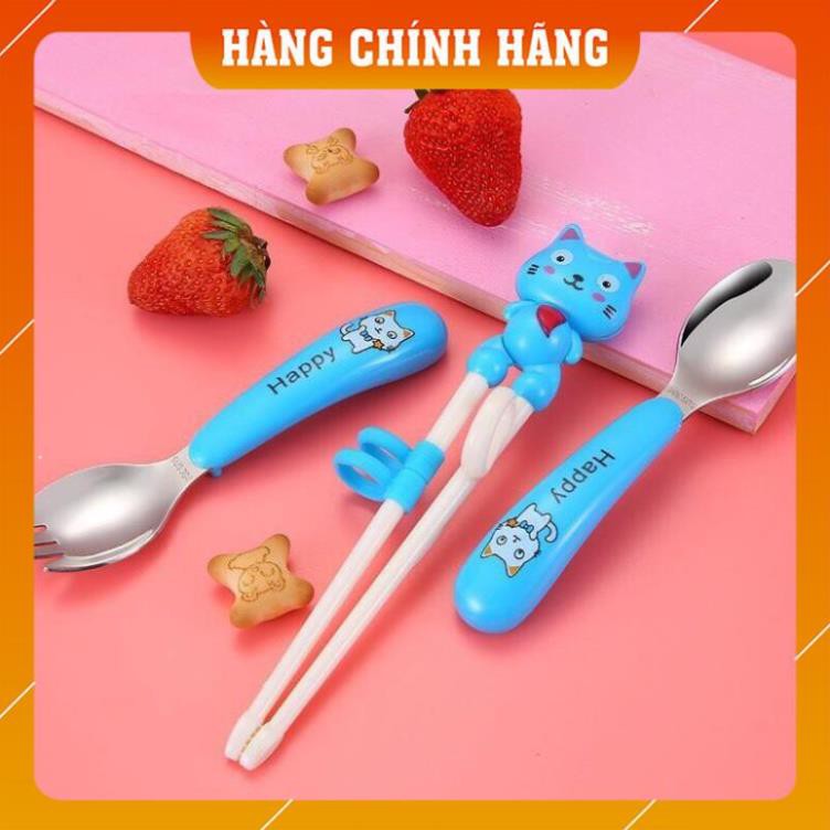 Bộ đũa thìa dĩa ăn dặm inox Happycat Hàn Quốc