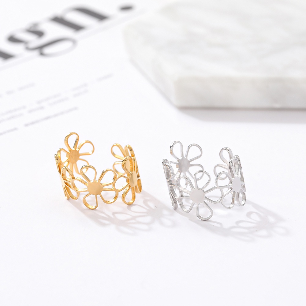 Nhẫn Thép Không Gỉ Họa Tiết Hoa Cúc Có Thể Điều Chỉnh Thời Trang