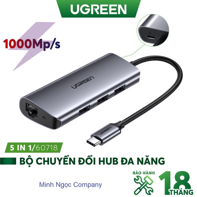 Bộ chuyển USB Type C sang LAN 1Gbps + 3 cổng USB 3.0 chính hãng UGREEN 60812 cao cấp - Hàng phân phối chính hãng