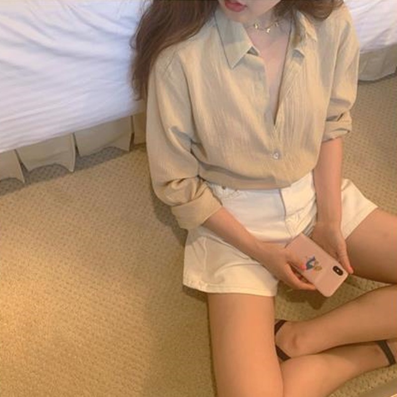 Áo sơ mi nữ RENJIANVSHENG tay dài dáng rộng màu trơn thanh lịch thời trang