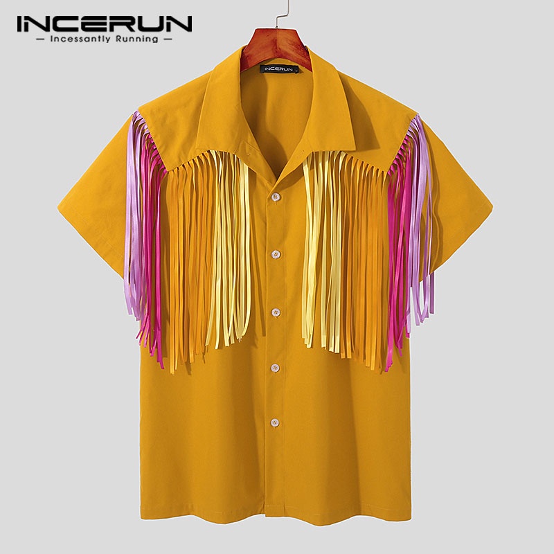 Áo sơ mi INCERUN ngắn tay tua rua nhiều màu thời trang cho nam
