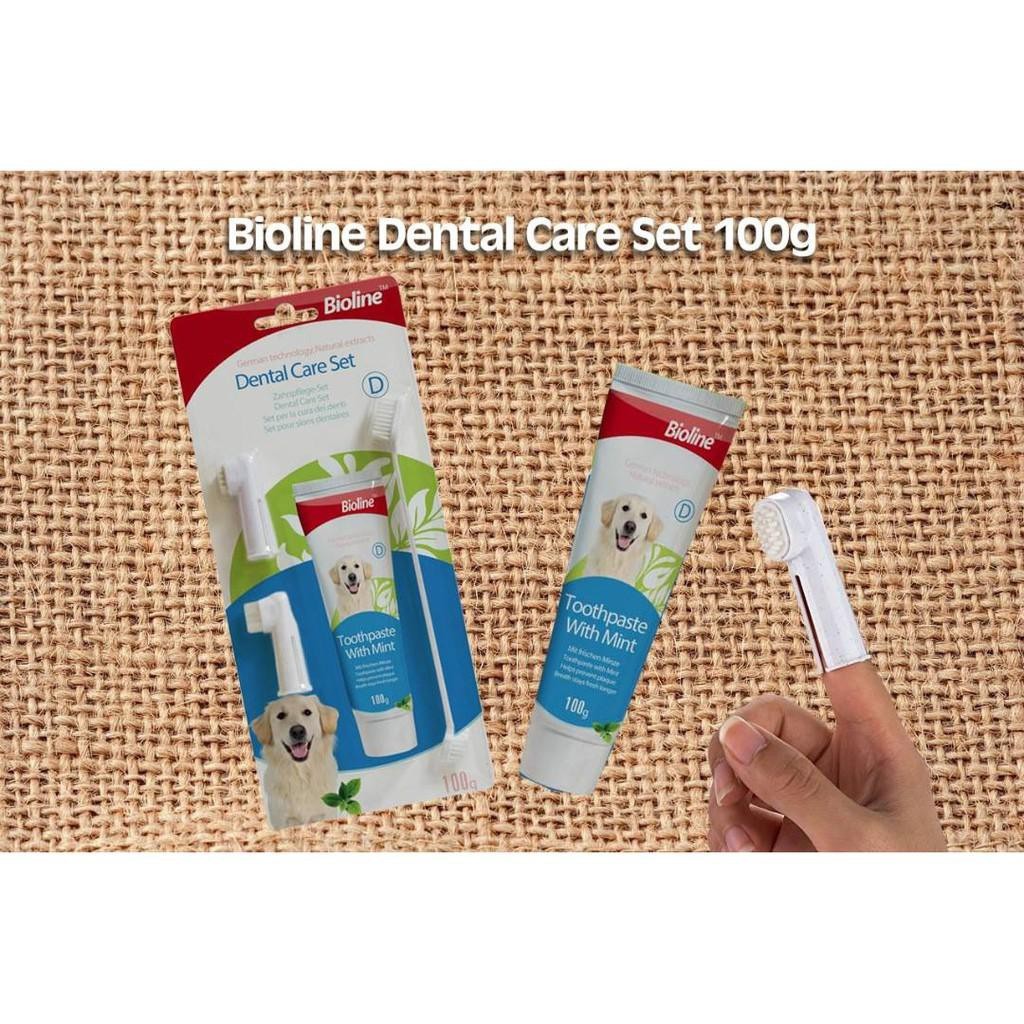 BỘ KEM ĐÁNH RĂNG CHO CHÓ MÈO THÚ CƯNG Bioline Dental Care Set Tuýp 100g Giúp giảm hôi miệng giảm sâu răng Sạch mảng bám