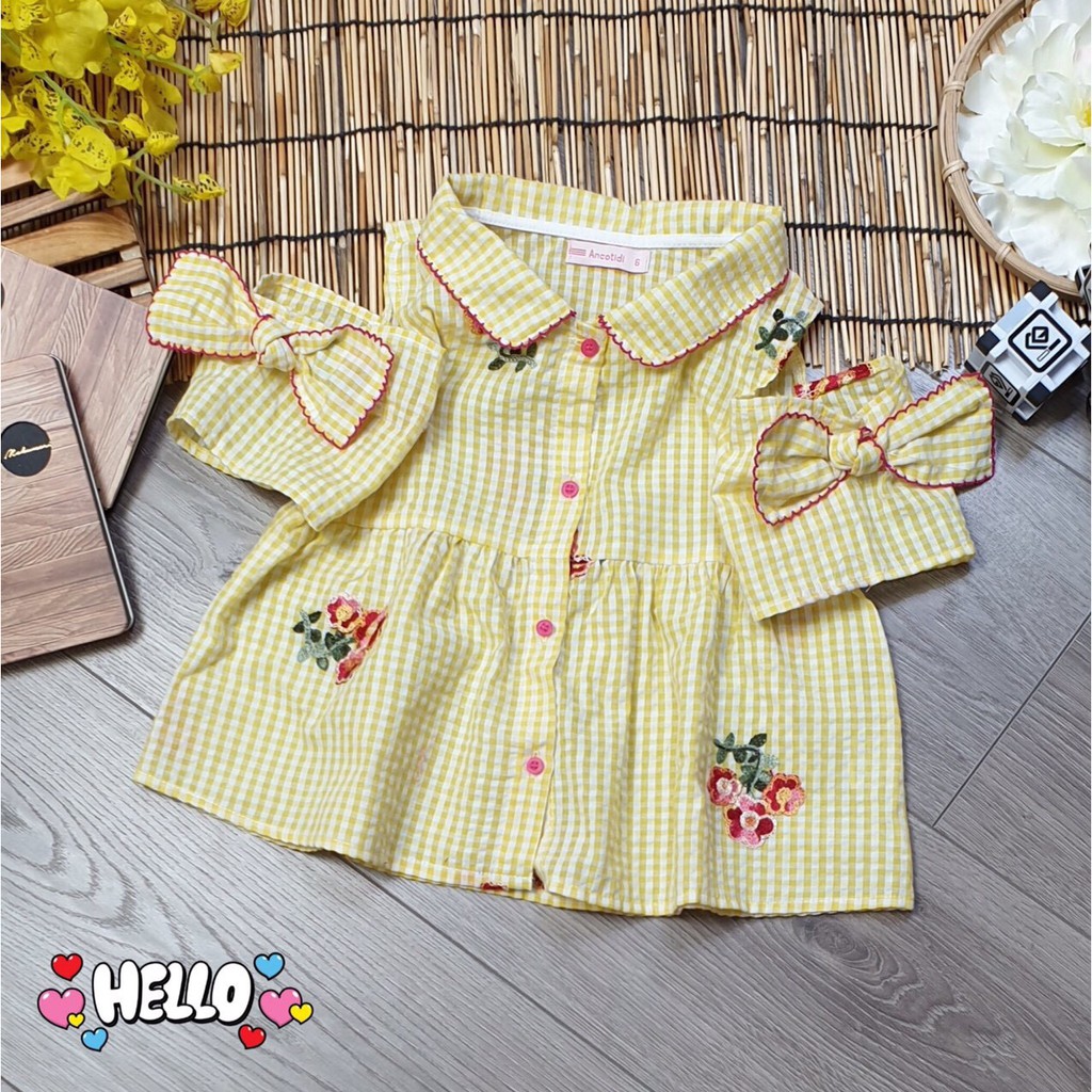 Áo Sơ Mi Bé Gái Caro Thêu Hoa Thương Hiệu AnCotidi K28