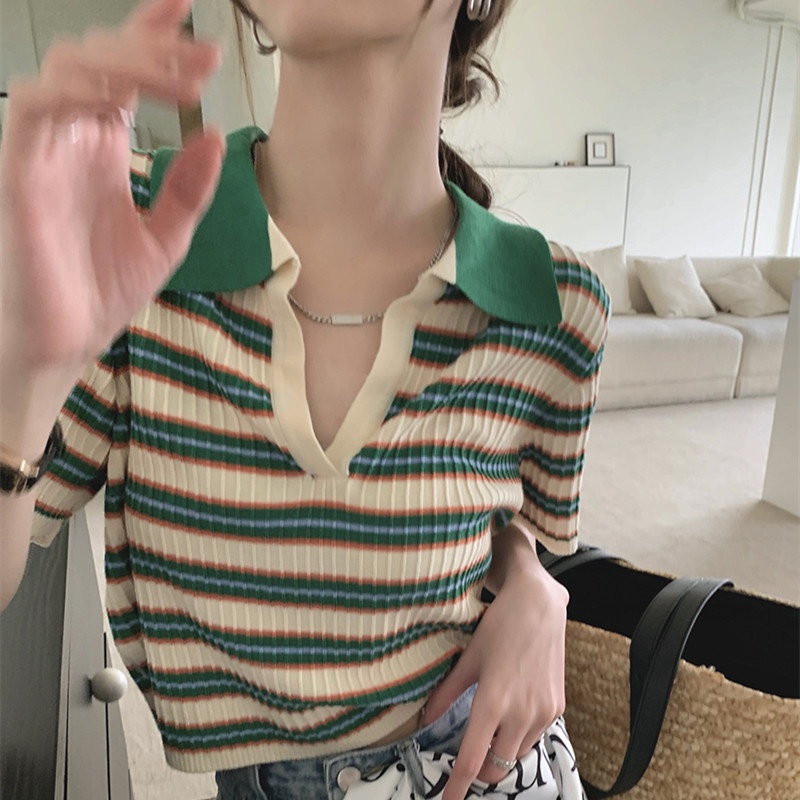 Áo polo Dệt Kim Mỏng Họa Tiết Kẻ Sọc Thời Trang Mùa Hè Cho Nữ