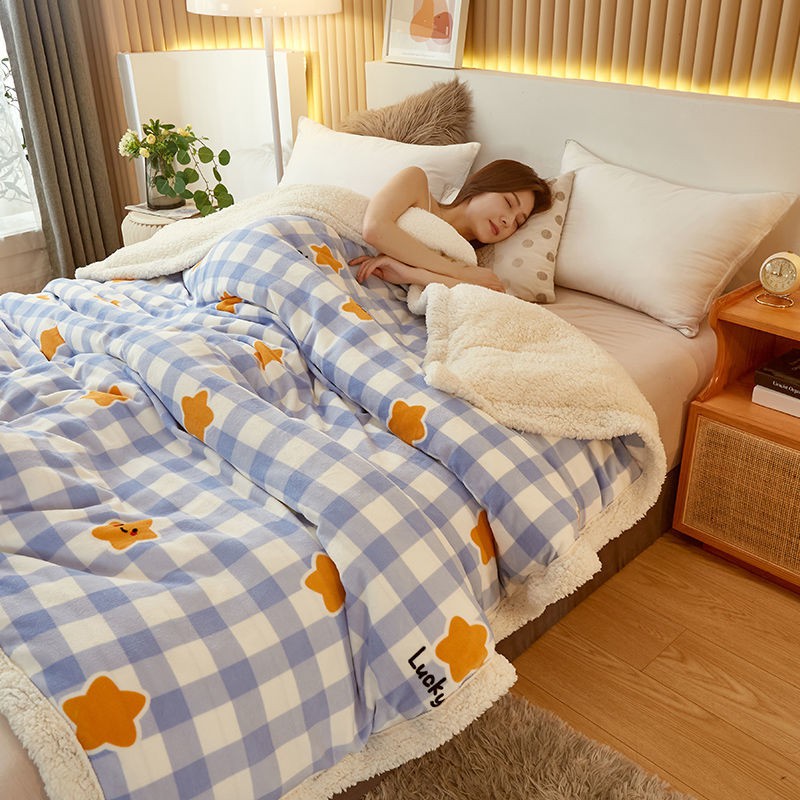 Chăn len hai lớp dày dặn, chăn cừu nỉ, lông cừu sữa, ấm áp mùa đông ký túc xá nhỏ