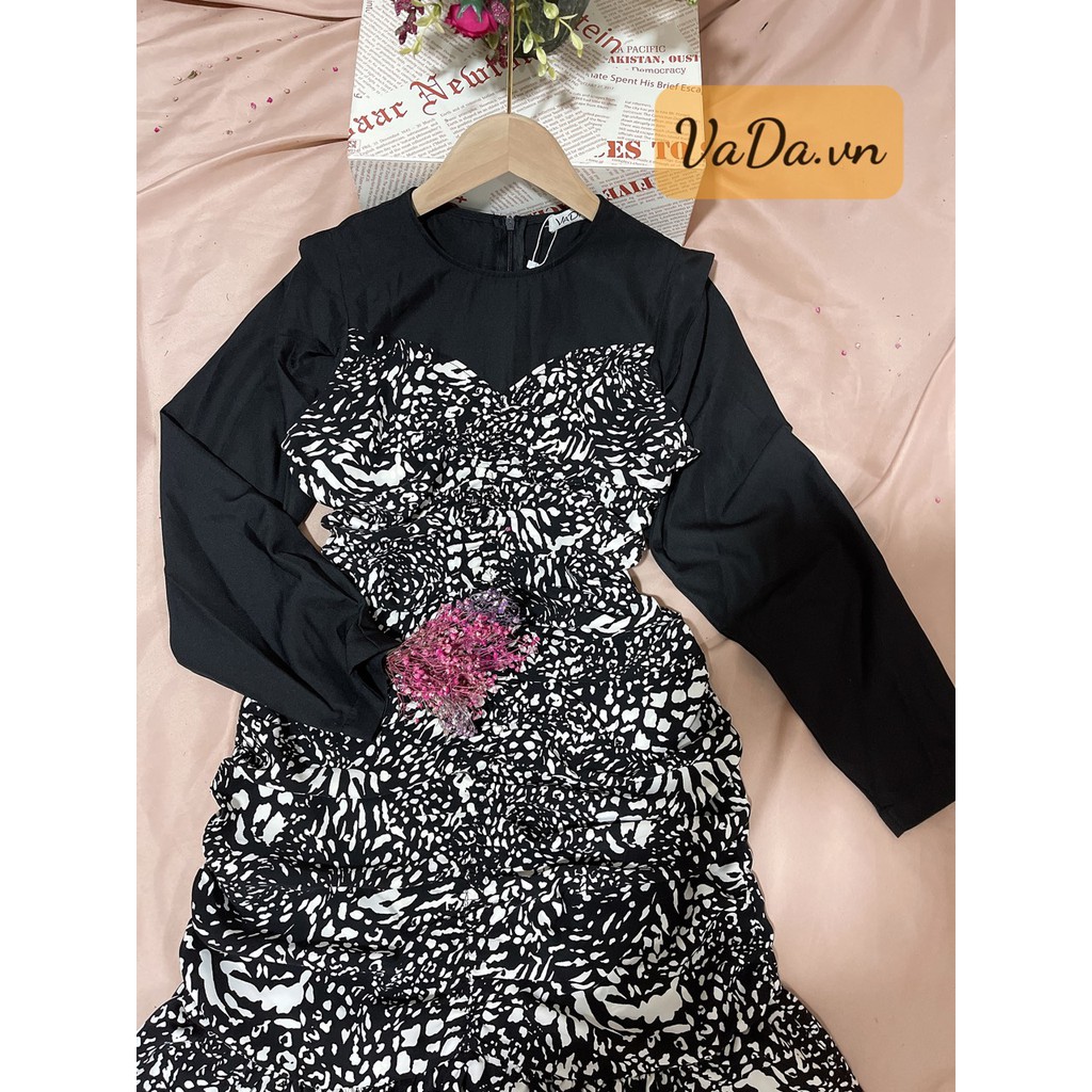 Đầm body tay dài phối hoạ tiết bèo lai nhúng che khuyết điểm V2 tốt - Thời Trang VADA - VB93 | BigBuy360 - bigbuy360.vn