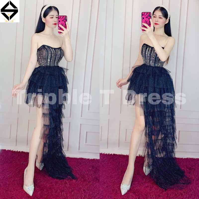 Đầm jum xoè xếp tầng đi tiệc cúp lưới nhũ lấp lánh kết đá sang trọng TRIPBLE T DRESS - size M/L -MS366V