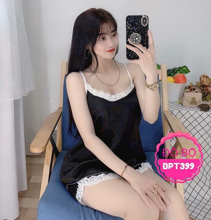 BỘ ĐỒ NGỦ PHI BÓNG HAI DÂY PHỐI REN LƯNG ĐEN FREESIZE DƯỚI 54KG | BigBuy360 - bigbuy360.vn