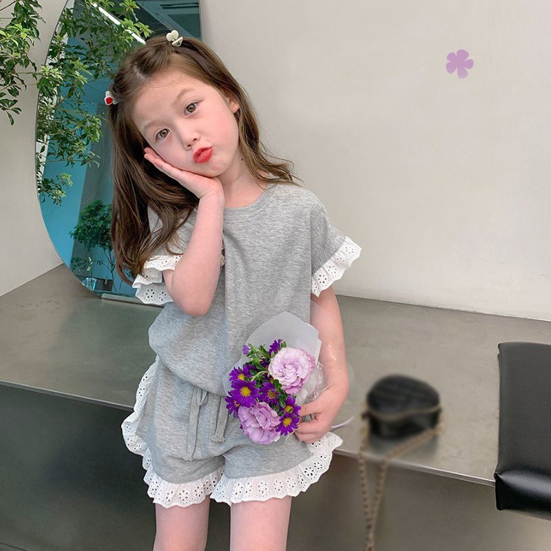 Se7en Set Áo Sơ Mi Ngắn Tay Màu Trơn + Quần Short Thời Trang Hè Hàn Quốc Cho Bé Gái