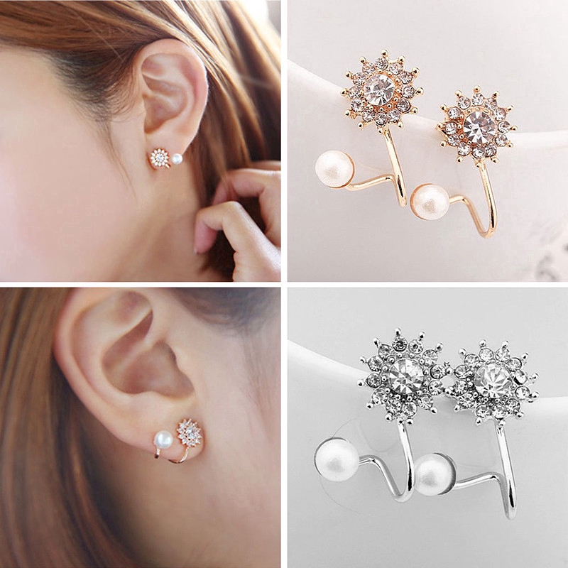 Exquisite Cute Full Diamond Snowflake Sweet Pearl Stud Earrings Girl Student