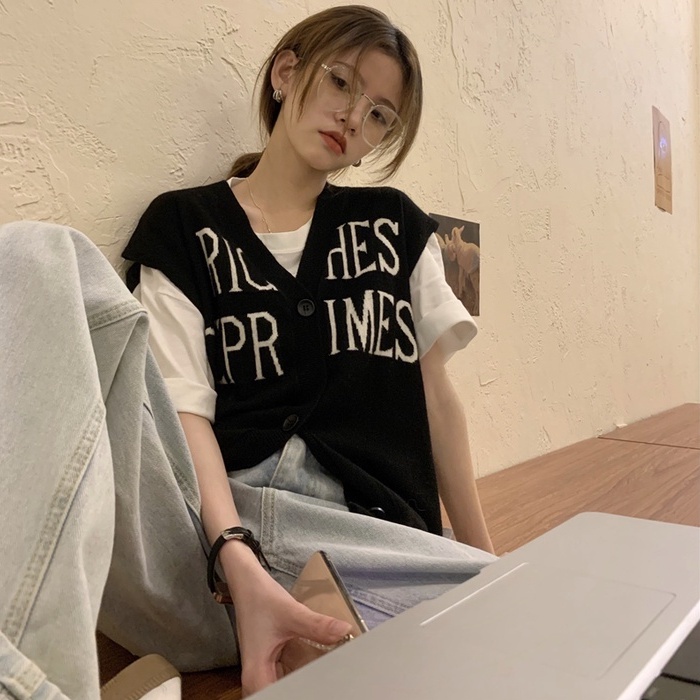 Áo dệt kim ZHELIHANGFEI sát nách dáng rộng in chữ cá tính trẻ trung cho bạn gái
