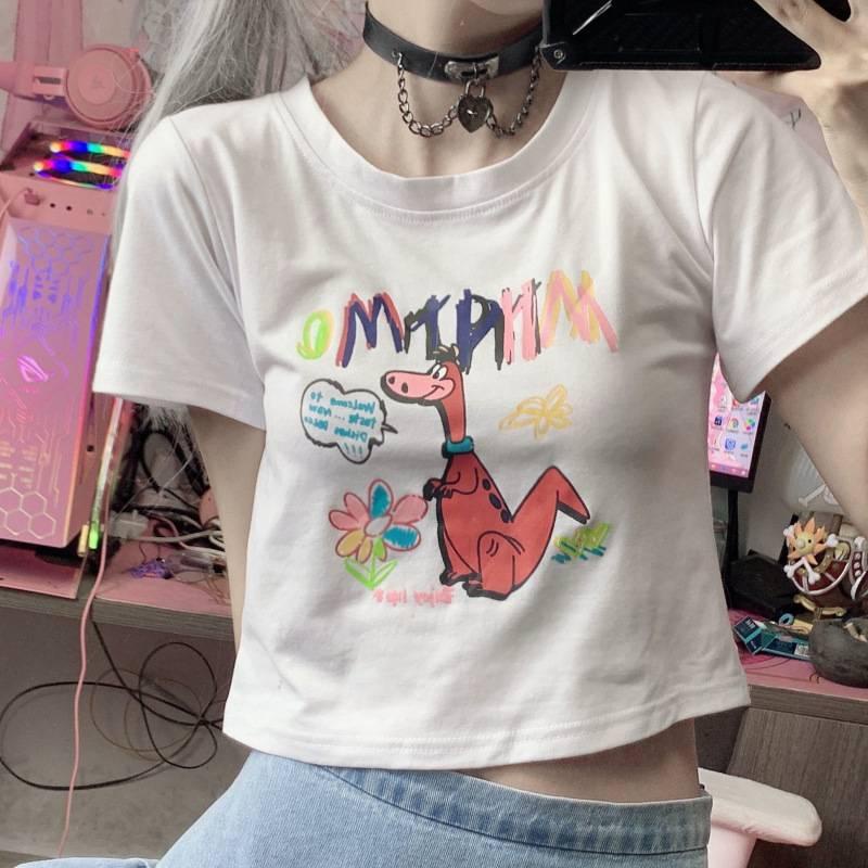 Áo thun croptop tay ngắn dáng ôm in họa tiết hoạt hình phong cách đường phố cho học sinh