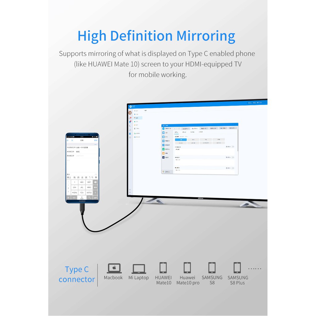 DÂY CHUYỂN TYPE C RA TIVI HDMI CHO ĐIỆN THOẠI VÀ MÁY TÍNH HÃNG ROCK DÀI 1M8