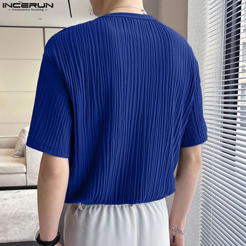 Áo thun INCERUN màu trơn mùa hè dáng rộng tay cộc có túi diềm xếp nếp cho nam