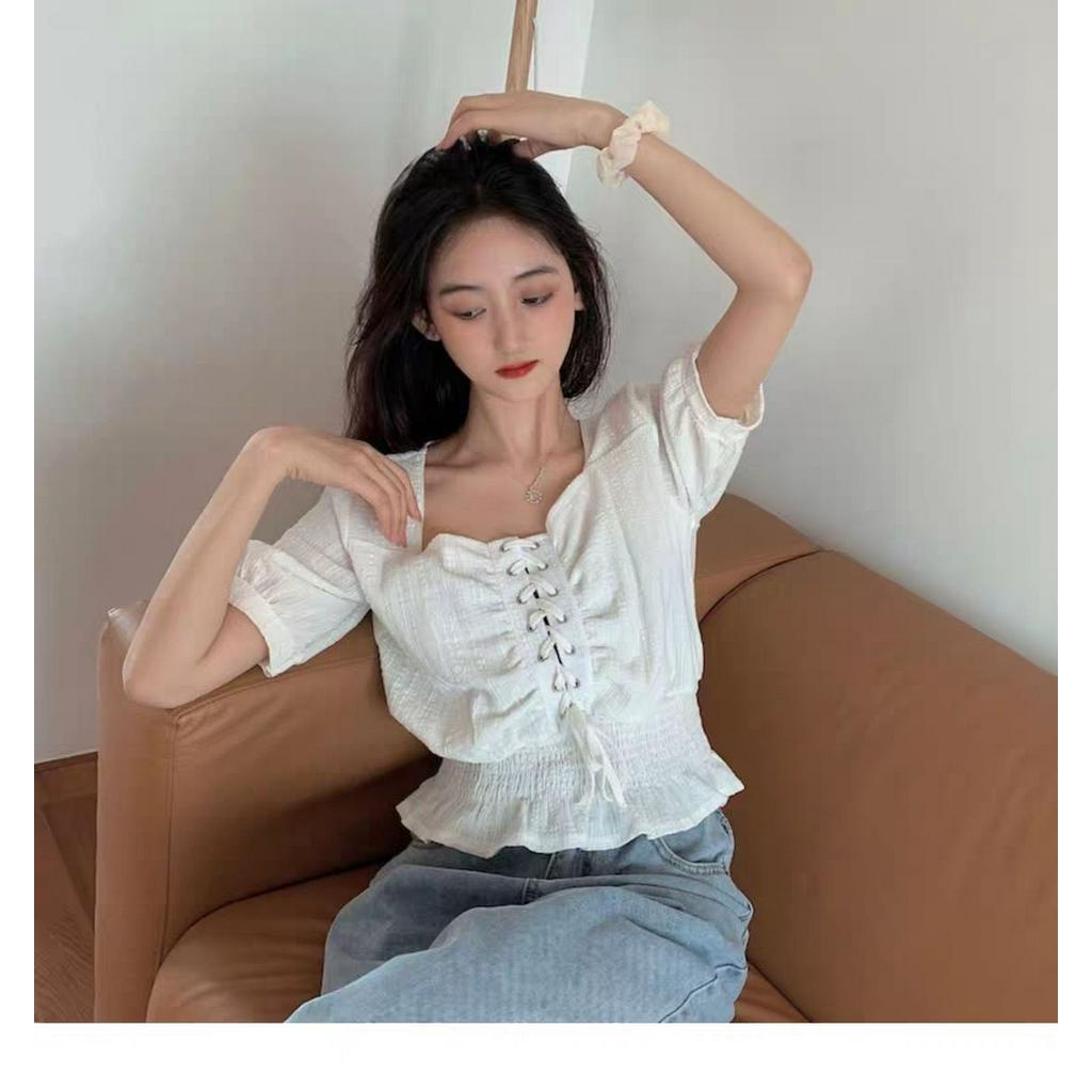 Áo chiffon Cổ Vuông Tay Ngắn Dáng Rộng Phối Ren Thời Trang Cho Nữ