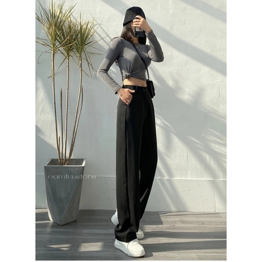 Quần ống suông đen nữ lưng cao dáng dài vải mềm Quần culottes ống rộng cạp cao chất vải tuyết mưa mặc học sinh - công sở