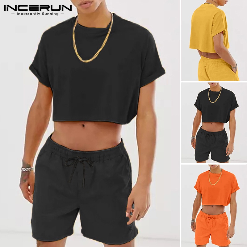 Bộ áo crop top và quần short INCERUN màu trơn 2 món thời trang mùa hè dành cho nam