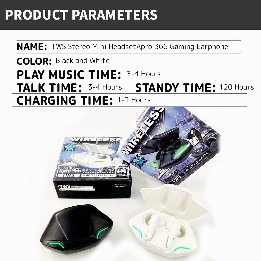 Tai Nghe Gaming Không Dây Apro366 5.0 TWS, Bass mạnh mẽ, độ trễ cực thấp khi chơi game, tai nghe gaming bluetooth