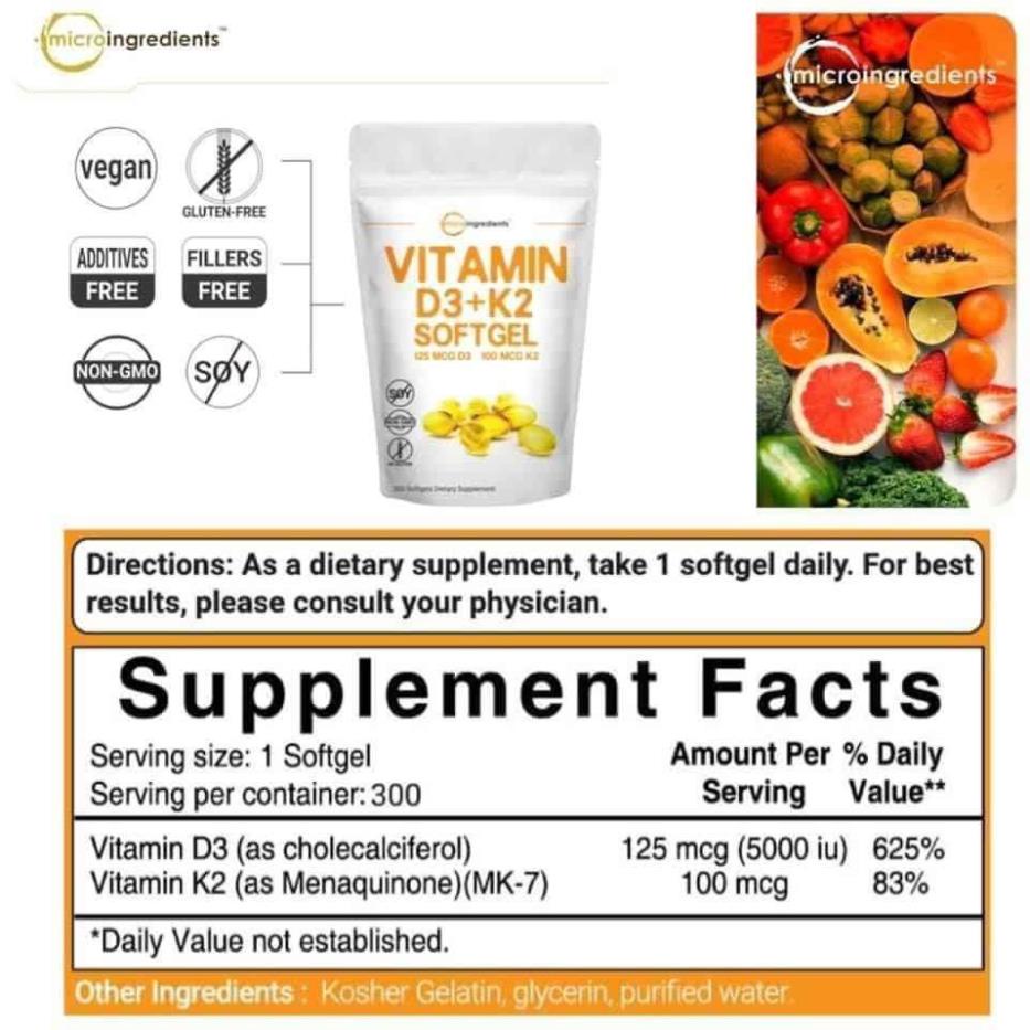 Micro Ingredient Vitamin D3 K2, Viên uống Hỗ Trợ Xương Khớp hàm lượng cao - 300 Viên