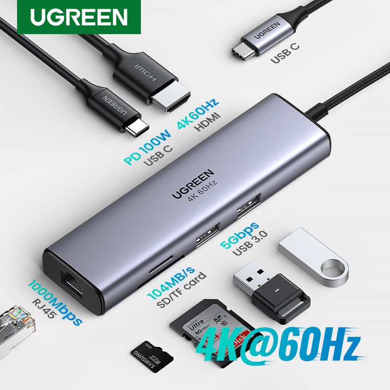 Cáp Chuyển Hub Ugreen 8 in 1 USB Type C Sang 3xUSB 3.0 + HDMI + RJ45 + SD,TF Ugreen 50538 Chính Hãng Việt Nam
