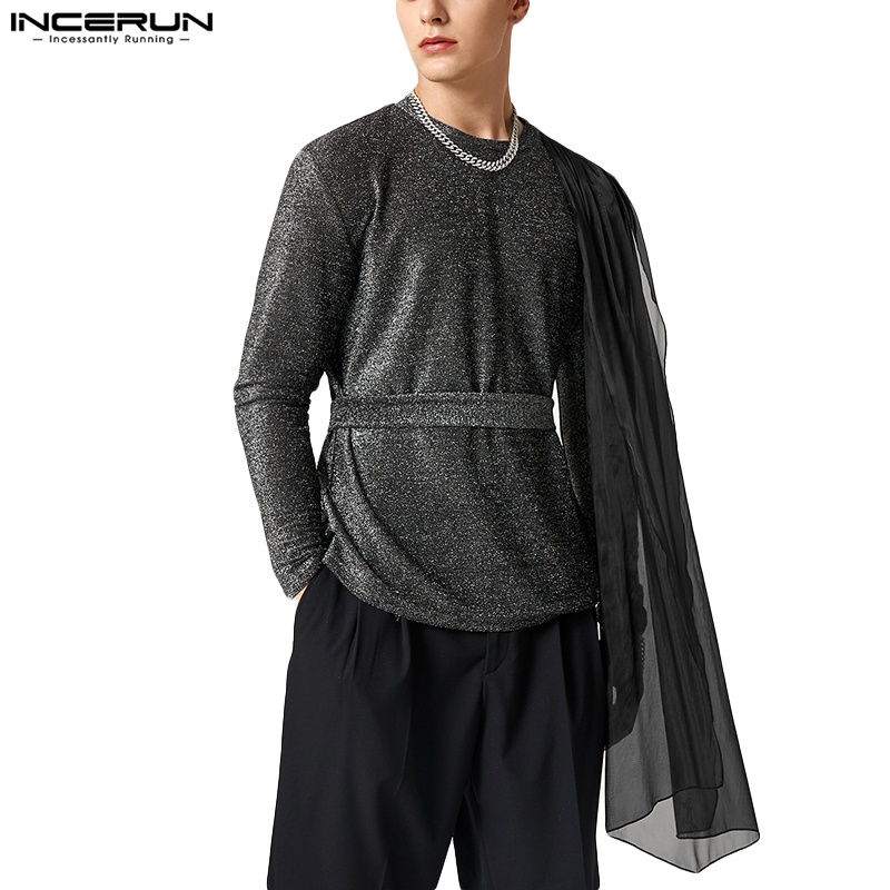 Áo kiểu INCERUN tay dài dệt kim phối lưới sáng bóng độc đáo thời trang dành cho nam