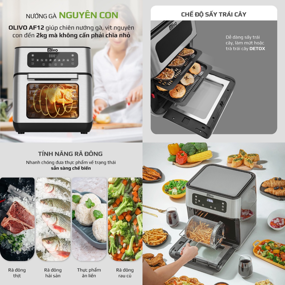 Nồi chiên không dầu Olivo AF12 Thương hiệu Mỹ - dung tích 12L - 8 chức năng - chiên gà nguyên con - bảo hành 24 tháng