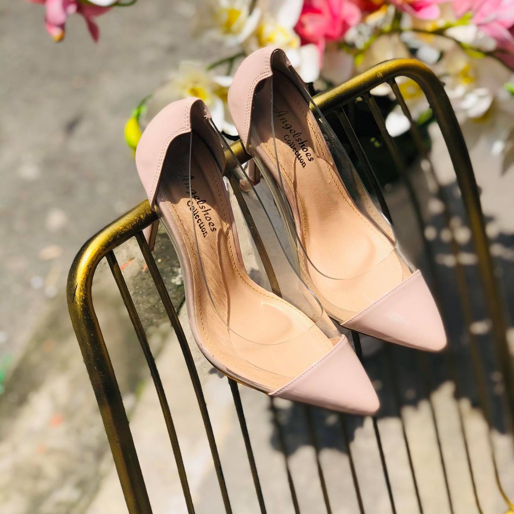 [Mã FATHANG5 giảm 10K đơn 50K] GIÀY CAO GÓT DÁNG LOUBOUTIN NUDE PHỐI MICA TRONG