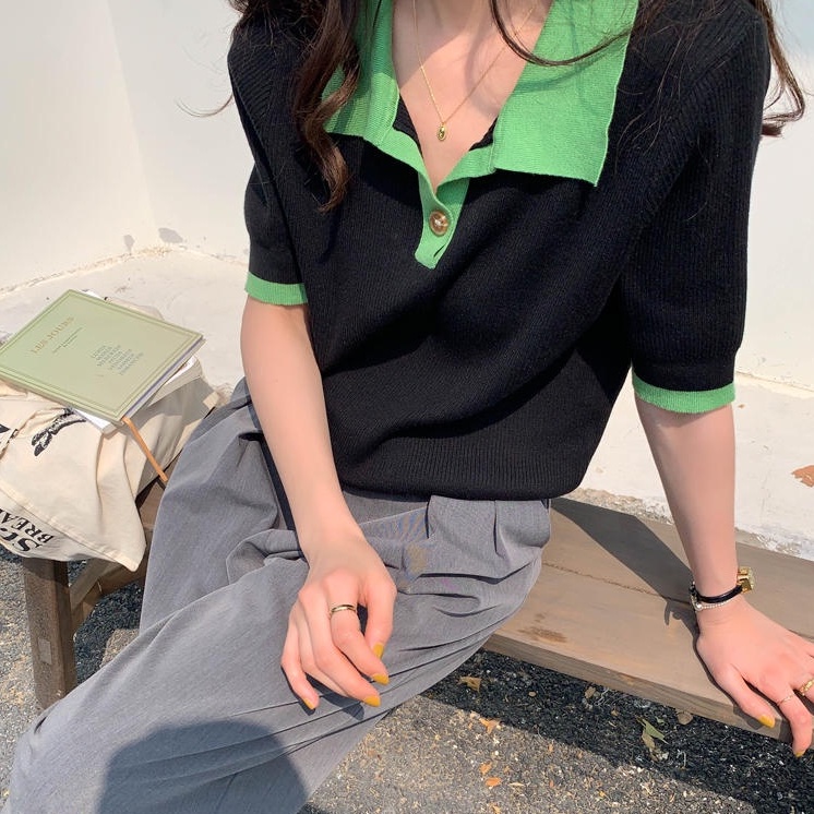 Áo Thun Dệt Kim Tay Ngắn Cổ Bẻ Màu Sắc Tương Phản Phong Cách Retro 49855