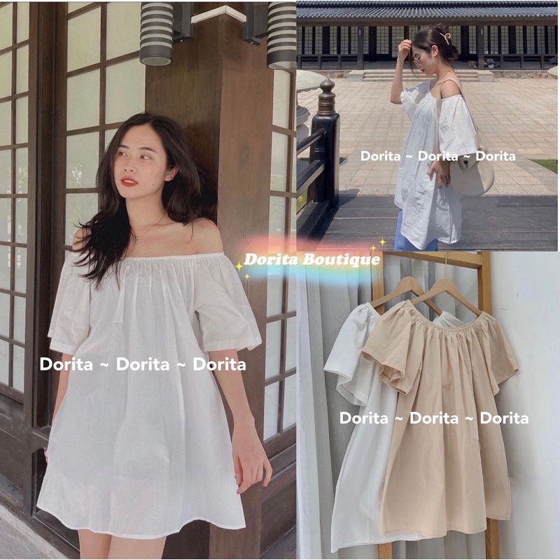[Ảnh thật/Video] Áo trễ vai Dorita vải đũi xước, Áo váy Babydoll mặc 2 kiểu Hàn Quốc - Dorita Boutique