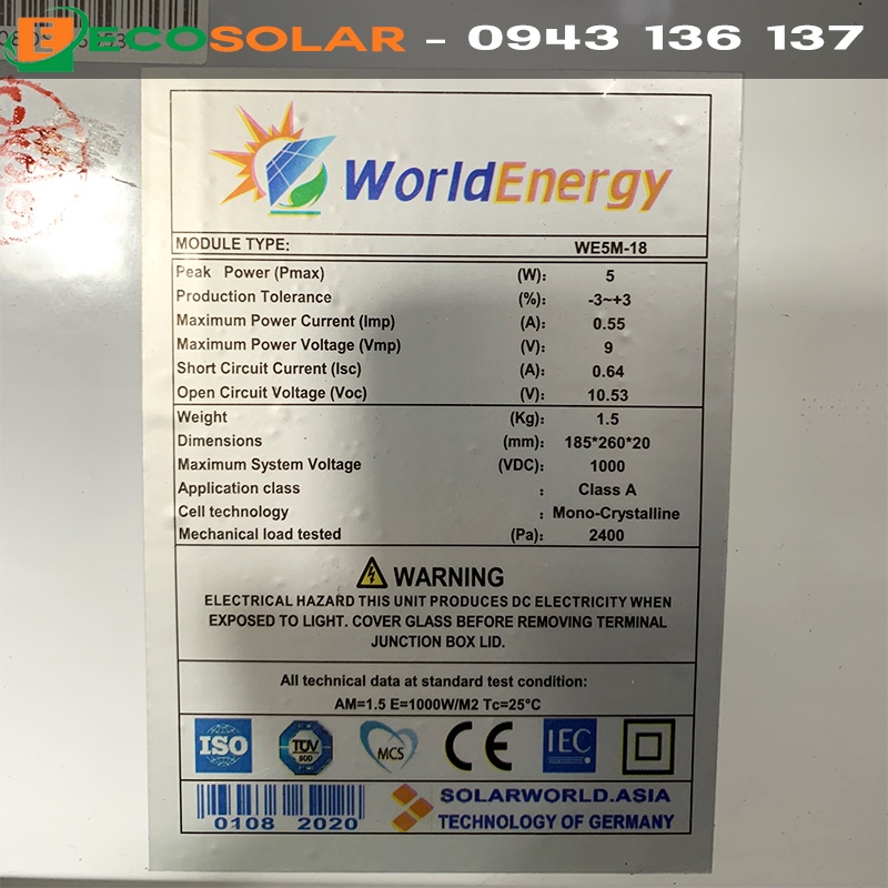 Pin năng lượng mặt trời mono 5w/9v WorldEnergy - hàng chính hãng, bảo hành 12 năm