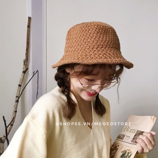 MŨ NÓN BUCKET LEN vặn thừng xinh ấm áp - Nón len ôm đầu len đan thừng cam đất xám nâu chất len dày dặn