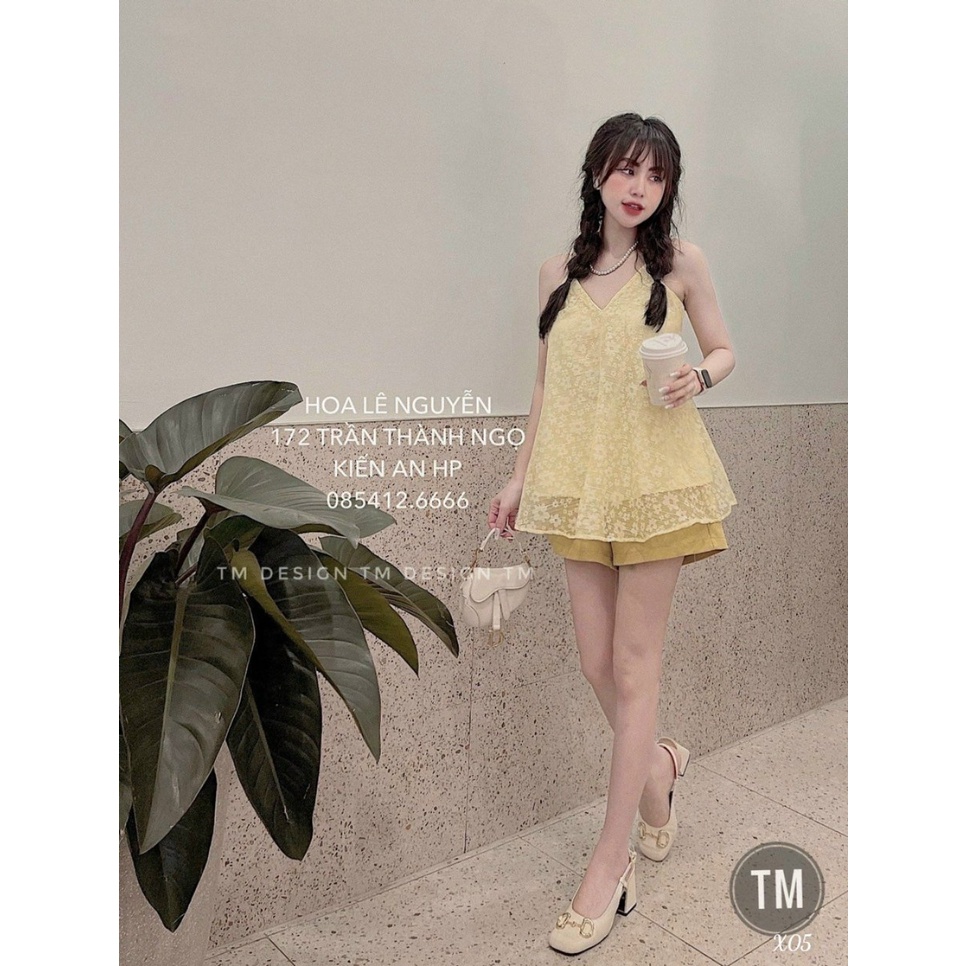 [Set đầm mới] Set 2 món đi chơi siêu xinh với đầm 2 dây sexy ngắn tà chất ren phối kèm quần đùi cá tính chất ford