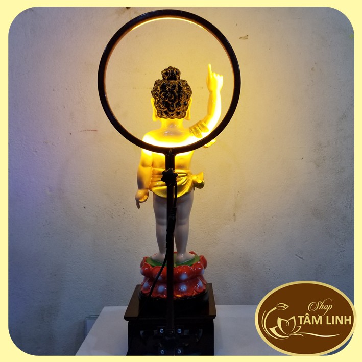 Tượng Đản Sanh cao 38 cm+Hào Quang Led cao 54 cm + Đôn gỗ vuông 14cm Mẫu Kệ Đèn Đẹp GIÁ SIÊU RẺ