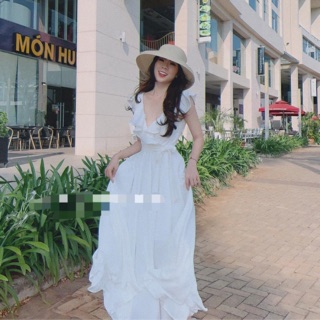 Com bo maxi bèo trắng dài chấm gót
