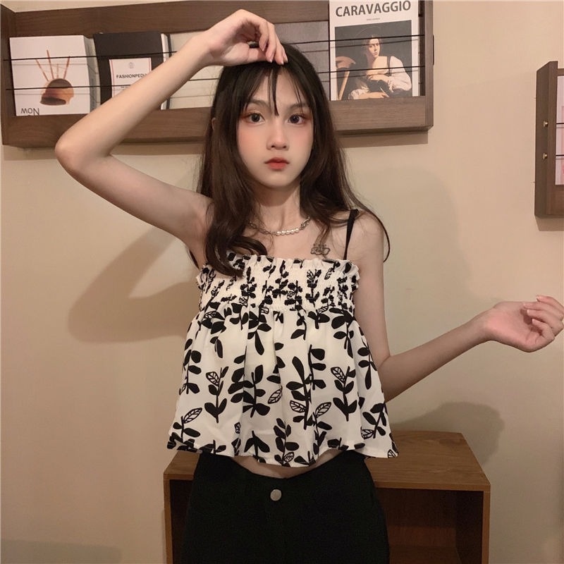 Áo Cardigan Hai Dây Mỏng Dáng Ngắn Màu Đen In Hoa Thời Trang Xuân Trẻ Trung