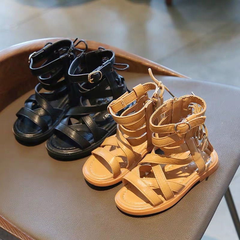 Sandal chiến binh cho bé gái cổ thấp có dây thắt chất da PU siêu mềm êm chân phong cách Hàn Quốc v653 (sz22-sz31)
