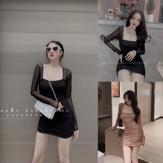 Đầm body thun lưới nhúm eo hàng đẹp 2 lớp⚡️Ảnh thật mặc tôn dáng