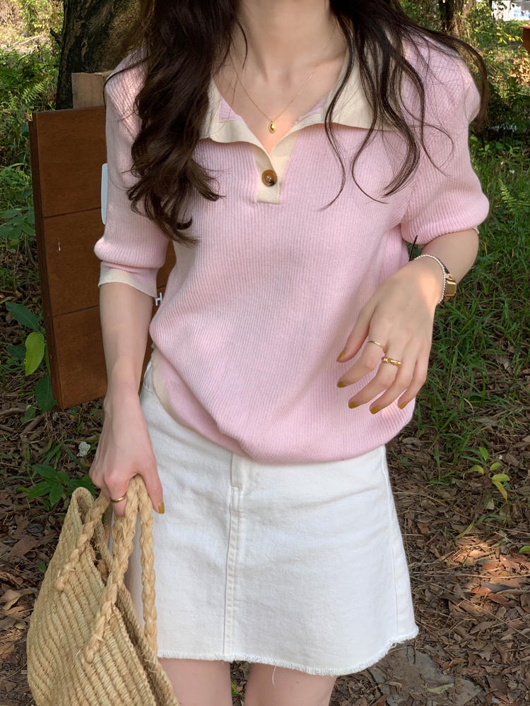 Áo Thun Dệt Kim Tay Ngắn Cổ Bẻ Màu Sắc Tương Phản Phong Cách Retro 49855