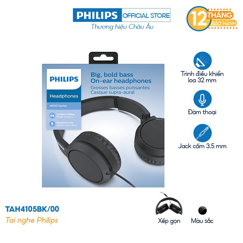 Tai nghe Philips chụp tai TAH4105BK/00, Có mic - Màu đen - Hàng Chính Hãng